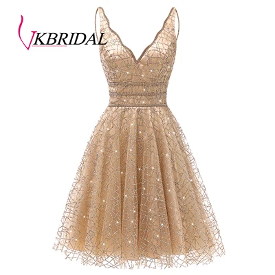 Gold VKbridal/блестящее мини-платье с глубоким v-образным вырезом и кристаллами для выпускного вечера, сверкающие платья для выпускного вечера, короткие платья для девочек - Цвет: Gold