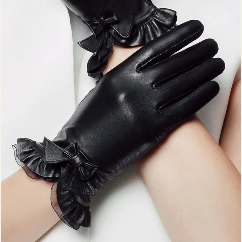 Перчатки из натуральной овечьей кожи модные на запястье кружевные с бантом