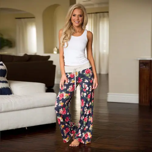 2018 женские длинные брюки Boho с высокой талией на шнуровке палаццо мешковатые