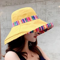 bohemia female double sided cotton sun hat large wide brim anti uv beach hat 2019 new women summer foldable sun hats bucket hat