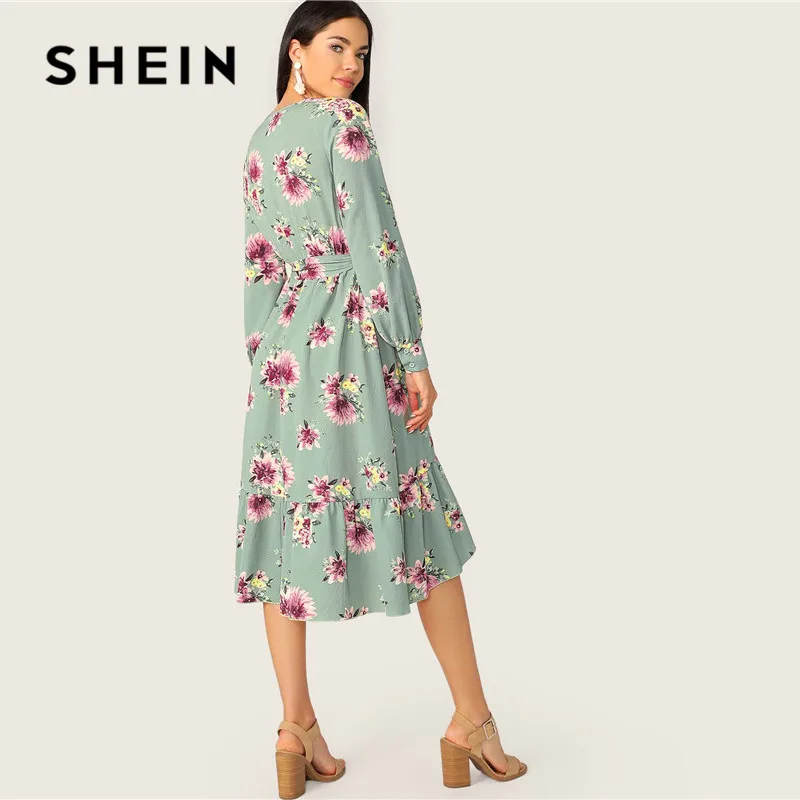 SHEIN Асимметричное Платье С Глубоким Вырезом И Длинным Рукавом Летнее Винтажное Платье С Цветочным Принтом