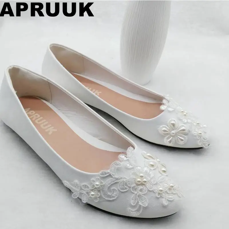 

SALES PROMOTION! Lace pearls brides wedding shoes plus size round toes lady sweet bridesmaid flat heel bridal shoes