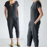 2021 zanzea vintage linen overalls womens jumpsuits button down rompers female v neck playsuits harem pants combinaison femme