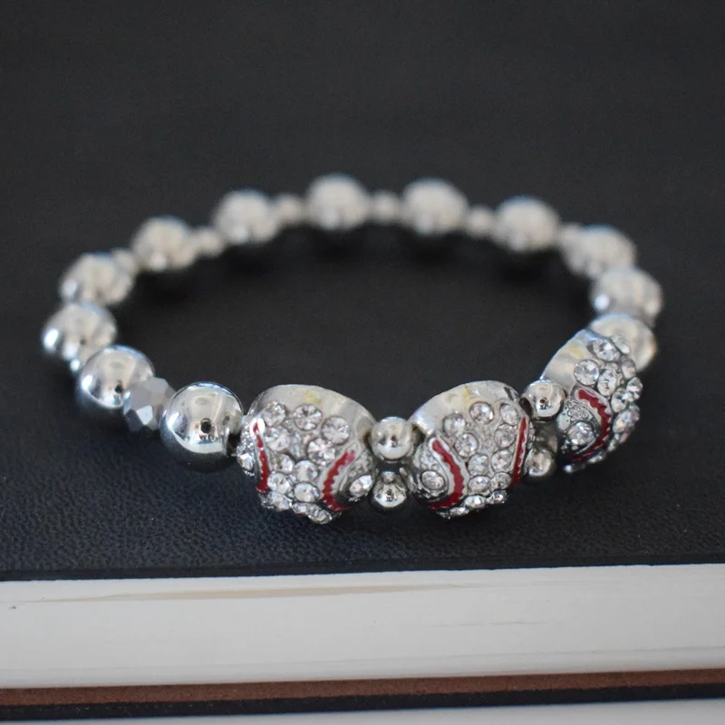 Серебряный браслет стразы с бусинами эластичный спортивный искусственные