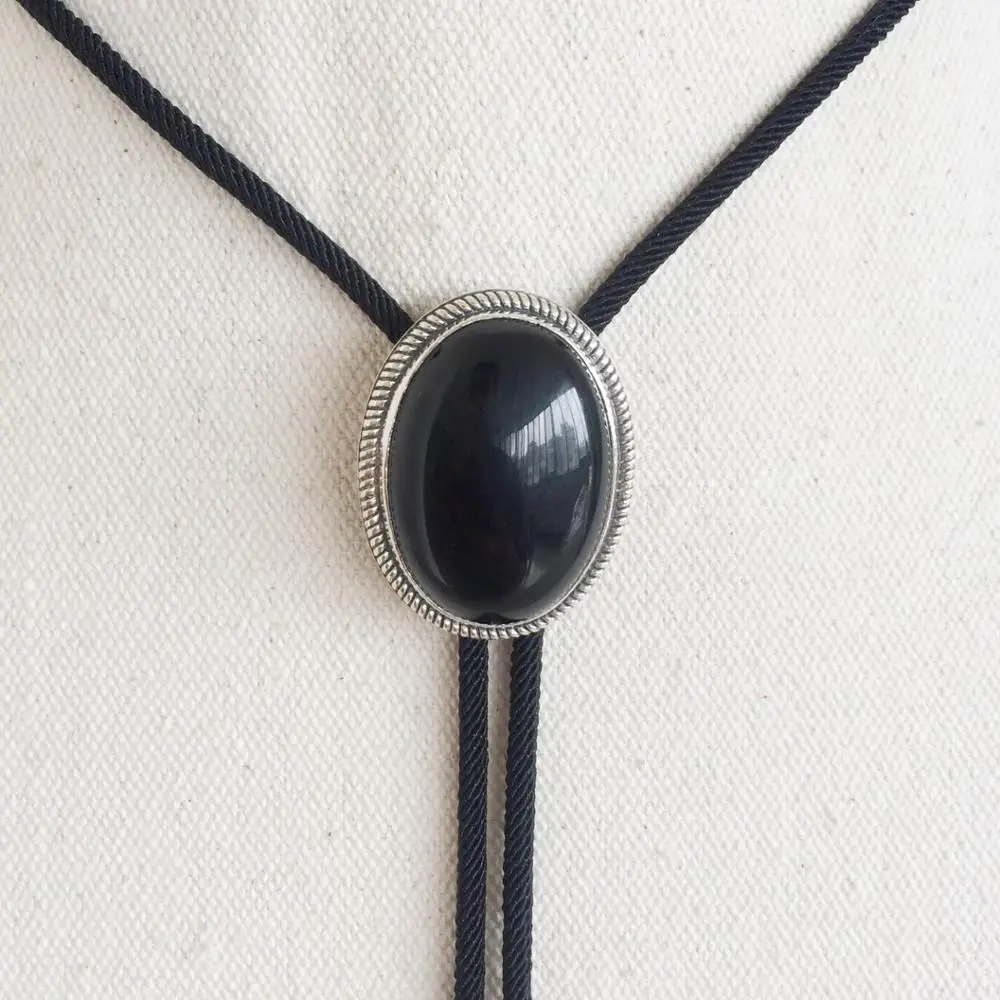 

New Original Vintage Sterling Silver 925 Nature Black Obsidian Stone Oval Wedding Bolo Tie Necklace BOLOTIE-S069