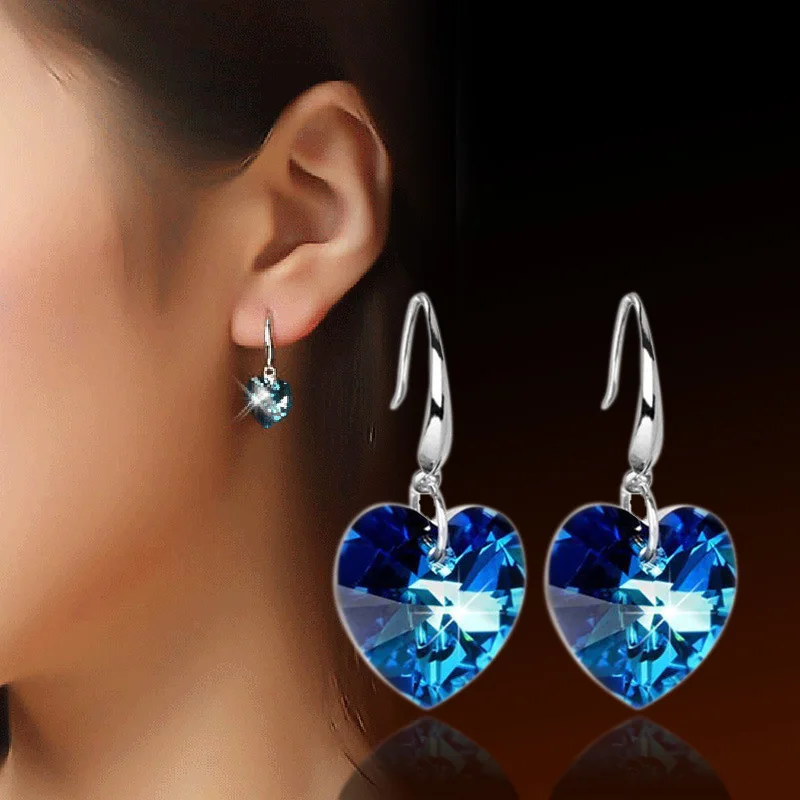 

New fashion hot sell love blue heart female 925 sterling silver ladies drop earrings wholesale jewelry birthday gift