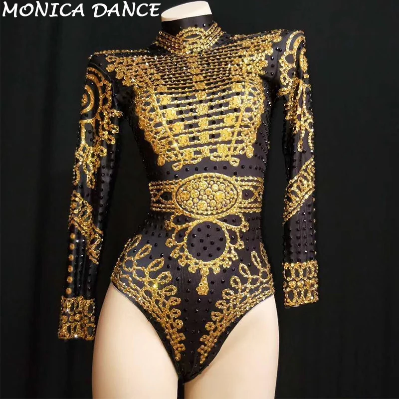 Women Sexy Black Gold Rhinestones Paint Long Sleeve High Stretch Leotard Singer Dance Costume Stage Women's Birthday Bodysuit