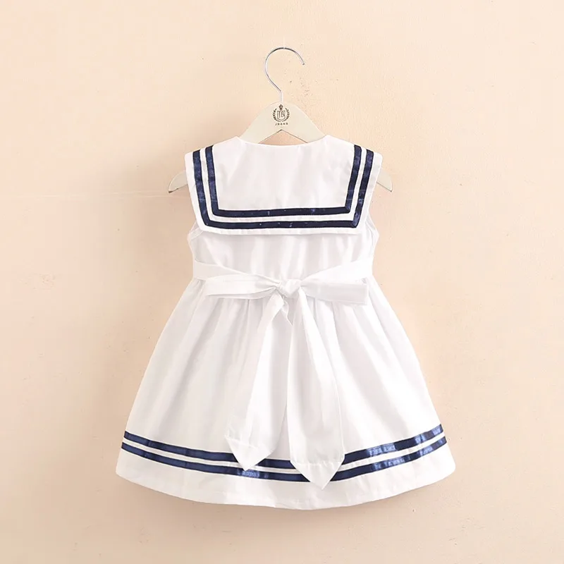 2021 Summer 2-10T Years Children Sweet Sleeveless Vest Bow Sailor Collar Navy Blue White Patchwork Little Kids Girls Dress | Детская