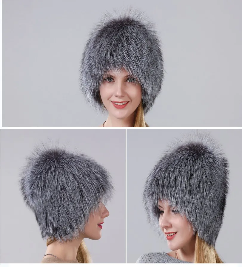 Зима должна Лидер продаж Природный Silver Fox Мех шляпа Для женщин зимние вязаные Мех Кепки Для женщин шапка лиса Мех бомбардировщик hat женский ухо теплой