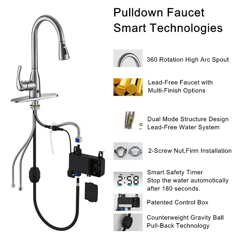 Smart Home Kitchen Sink Dual Mode Sensor Touchless Faucets with Pull Down Sprayer Brushed Nickel One Handle High Arc Pullout