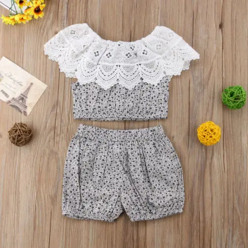 Pudcoco 2018 Newborn Toddler Baby Girl Clothes Set Lace Floral Ruffle Crop Tops+Shorts 2Pcs Summer Cute Outfit 0-24M | Мать и ребенок