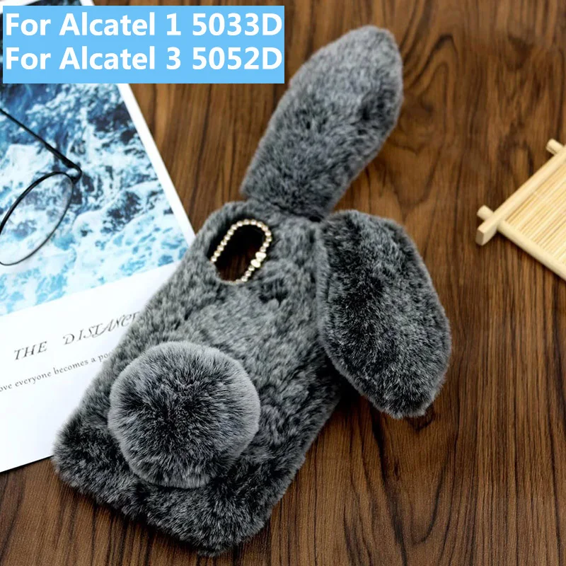 Флип чехол для Alcatel 1 5033D 3 5052D 5052Y мягкий меховой милый 3D из ТПУ с кроличьими ушками