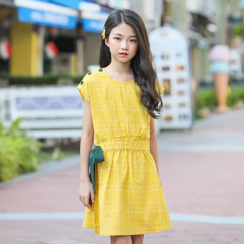 kids &amp big girls summer mustard cotton casual flare dresses children girl fashion cute bow party dress clothing 3 to 12 years | Детская
