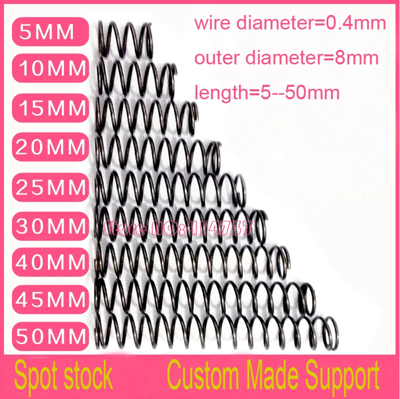 

50pcs 0.4*8*5/10/15/20/25/30/35/40/45/50mm series small spot spring 0.4mm wire compression pressure springs length=5--50mm