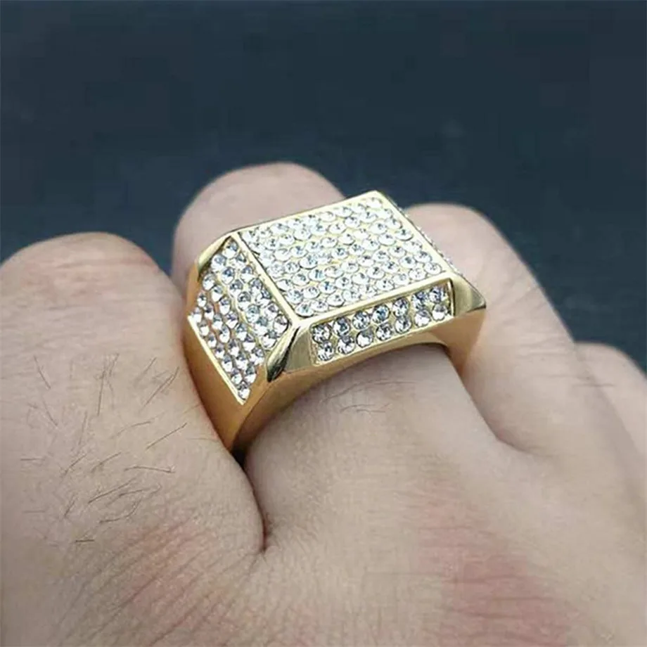 Хип хип микро проложить Стразы Iced Out Bling квадратное кольцо золотого цвета