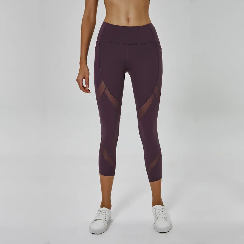 Женские уличные эластичные супер мягкие 3/4 длина Dri Fit тренировки Крест Fit Фитнес хип-хоп леггинсы с боковыми карманами - Цвет: Фиолетовый