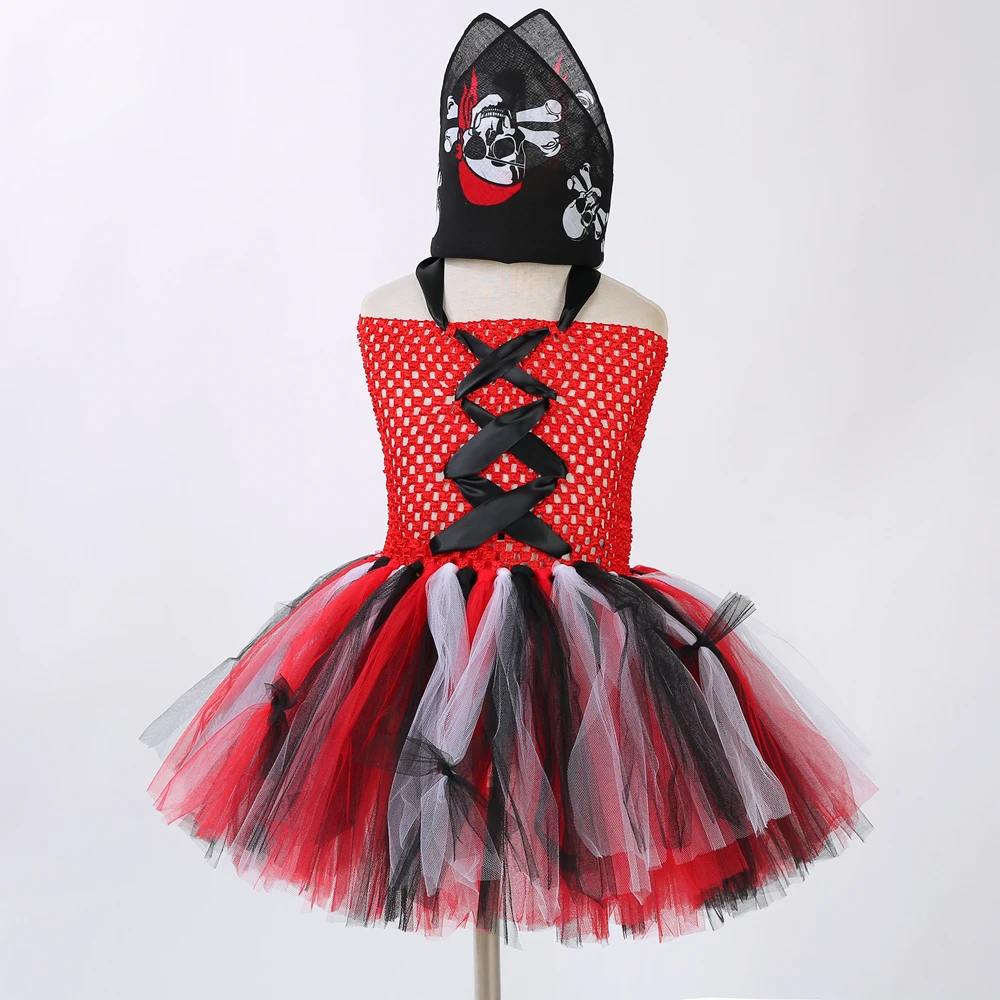 Red and Black Girls Pirate Tutu Dress with Kerchief Halloween Cosplay Costume for Kids Party Children Clothes | Детская одежда и