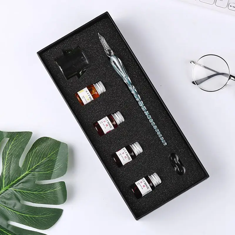 Vintage Crystal Glass Dip Pen Set Non-carbon Gold Ink Fountain Signature Calligraphy Pen Writing Tools Stationery Gift - Цвет: Big set design  4