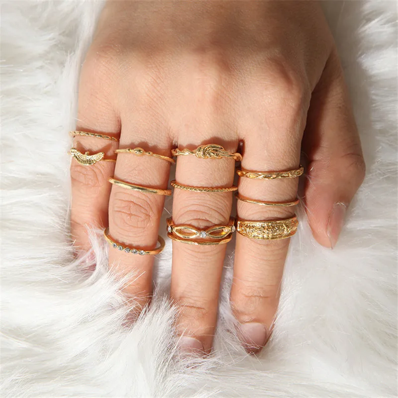 Набор женских колец в стиле бохо из розового золота 12 шт.|Кольца| |