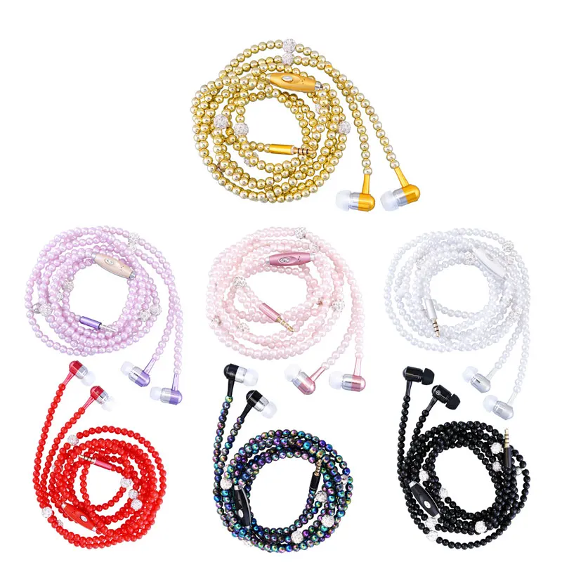 2018 Pink girl Rhinestone Jewelry Pearl Necklace Earphones With Mic 3.5mm Earbuds For Xiaomi iphone Brithday Gift fone de ouvido |