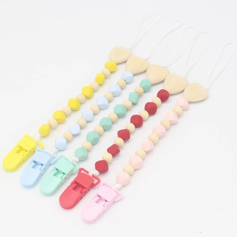 

Silicone Teething Pacifier Clips Wooden Beads Heart Shaped Pacifier Chain Holder For Nipples Baby Chew Toys