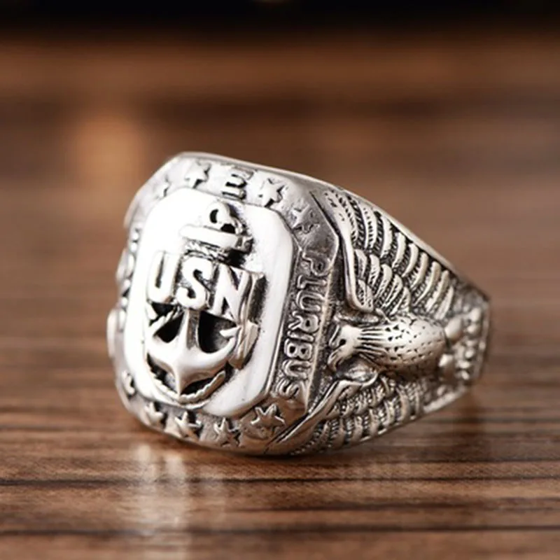 100% реальные технические серебряные ювелирные изделия USN Eagle Navy мужское кольцо в