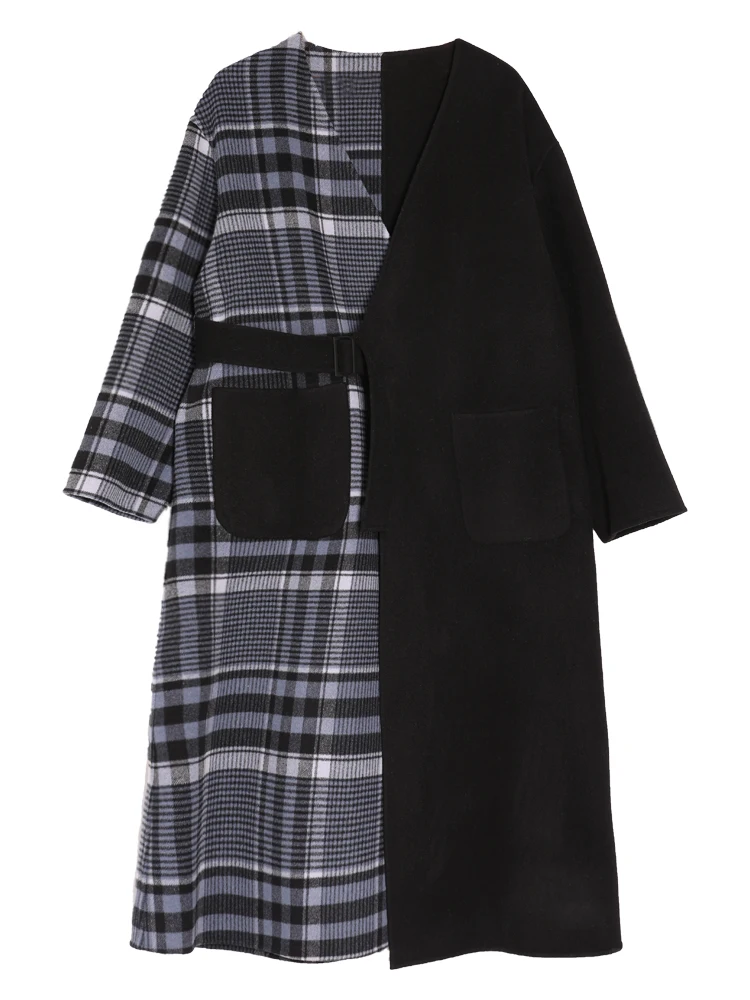 IRINAW150 2018 AW Collection v neck bleted oversized long plaid patchwork black handmade double faced 100% wool coat women | Женская