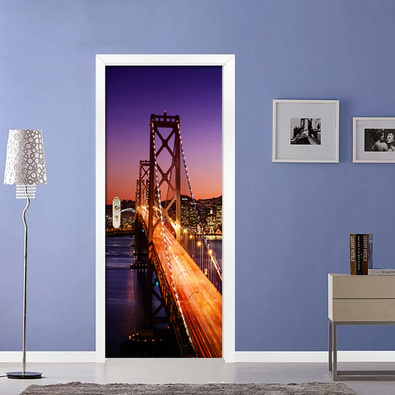 City Bridge Night Landscape 3D Self adhesive Door Stickers Mural Living Room Bedroom Home Decor Poster PVC Waterproof Wallpaper