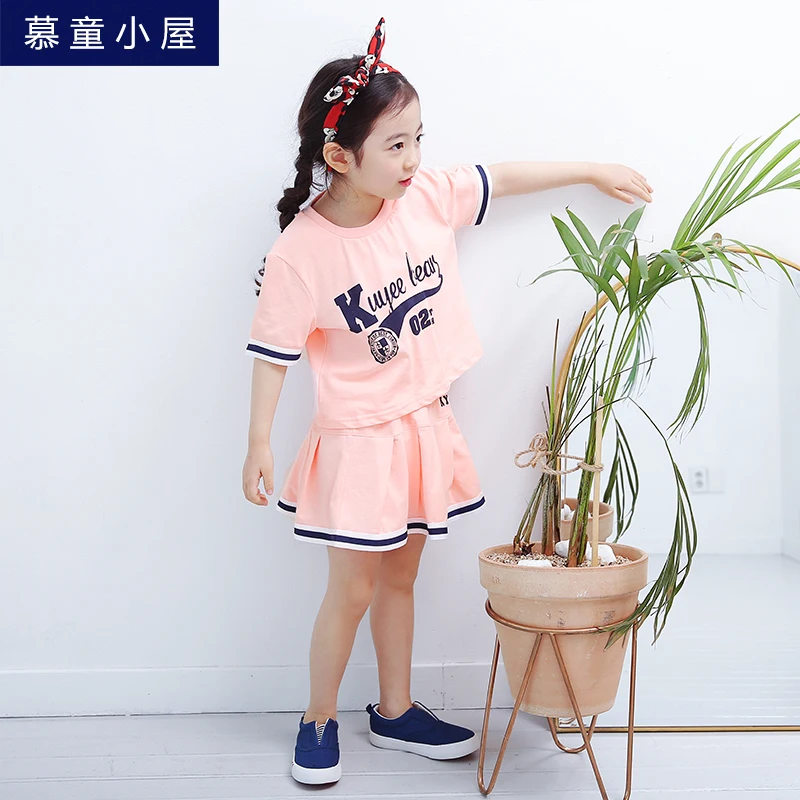 Марка лето хлопок буквы футболка и юбка Детский комплект спортивной одежды для