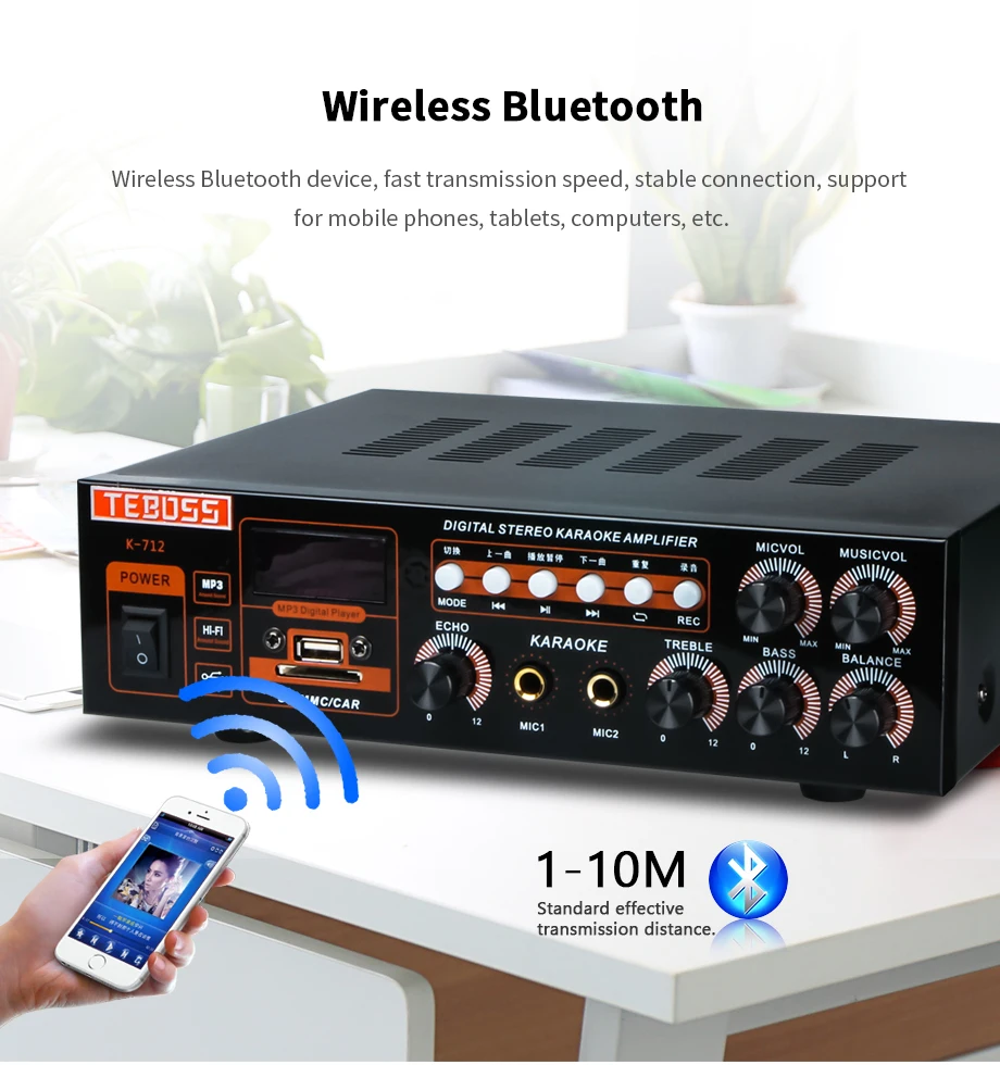 Bluetooth цифровой av усилитель 2 канала караоке стерео усилитель домашний лучший усилитель с USB, sd-картой для караоке звуковая система