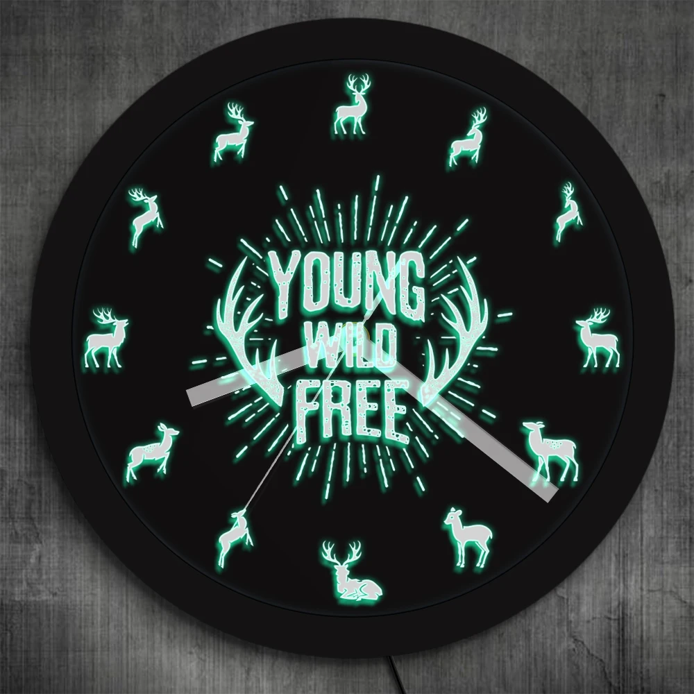 Young Wild Free вдохновляющие цитаты оленьи рога настенные часы со светодиодной