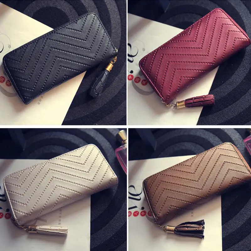 2017 New Fashion Women Casual Wallet Solid Color Leather Tassel Wave Pattern Long Style Ladies Coin Zippered Purse BS88 | Багаж и сумки