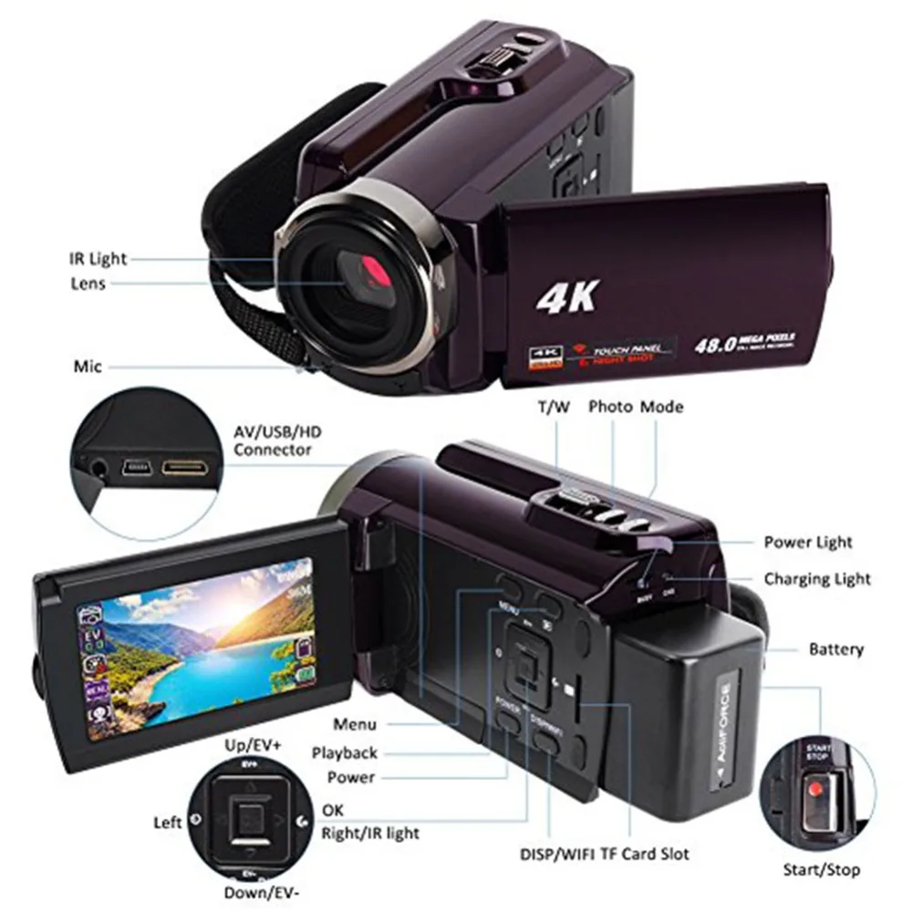 4K видеокамера 48.0MP 60 FPS Ultra HD Цифровая камера s и видео рекордер с Wifi/инфракрасным ночным видением
