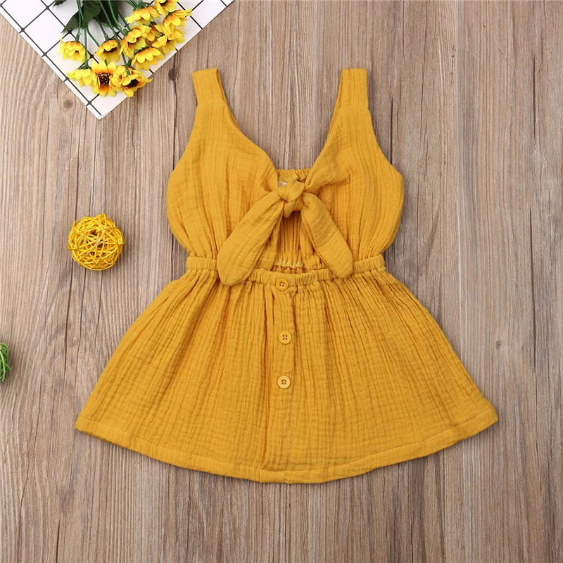 Brief Kids Baby Girls Cotton Linen Sundress Solid Princess Sleeveless Bow V-Neck Mini Dress Girl Strap Button A-line 6M-4Y | Детская