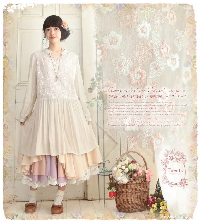 

cottagecore Vintage embroidered sweet loose lace patchwork hippie boho vetement femme tunique lolita cotton long sleeve dress