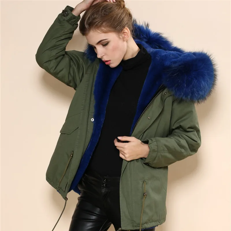 Winter Military Green Womens Dark Blue Faux Fur Lined Short Jacket Ladies Raccoon Hooded Parka Coat 2017 Wholesale | Женская одежда