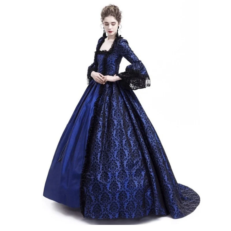 Синее платье на шнуровке с расклешенными рукавами королевы Европейское