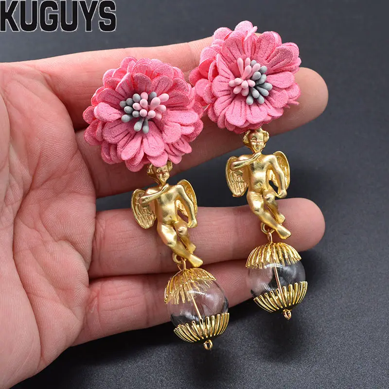 PINK KUGUYS винтажная фигура золотые серьги с ангелами для женщин модные ювелирные изделия Мода барокко розовые цветы висячие серьги вечерние аксессуары - Окраска металла: PINK