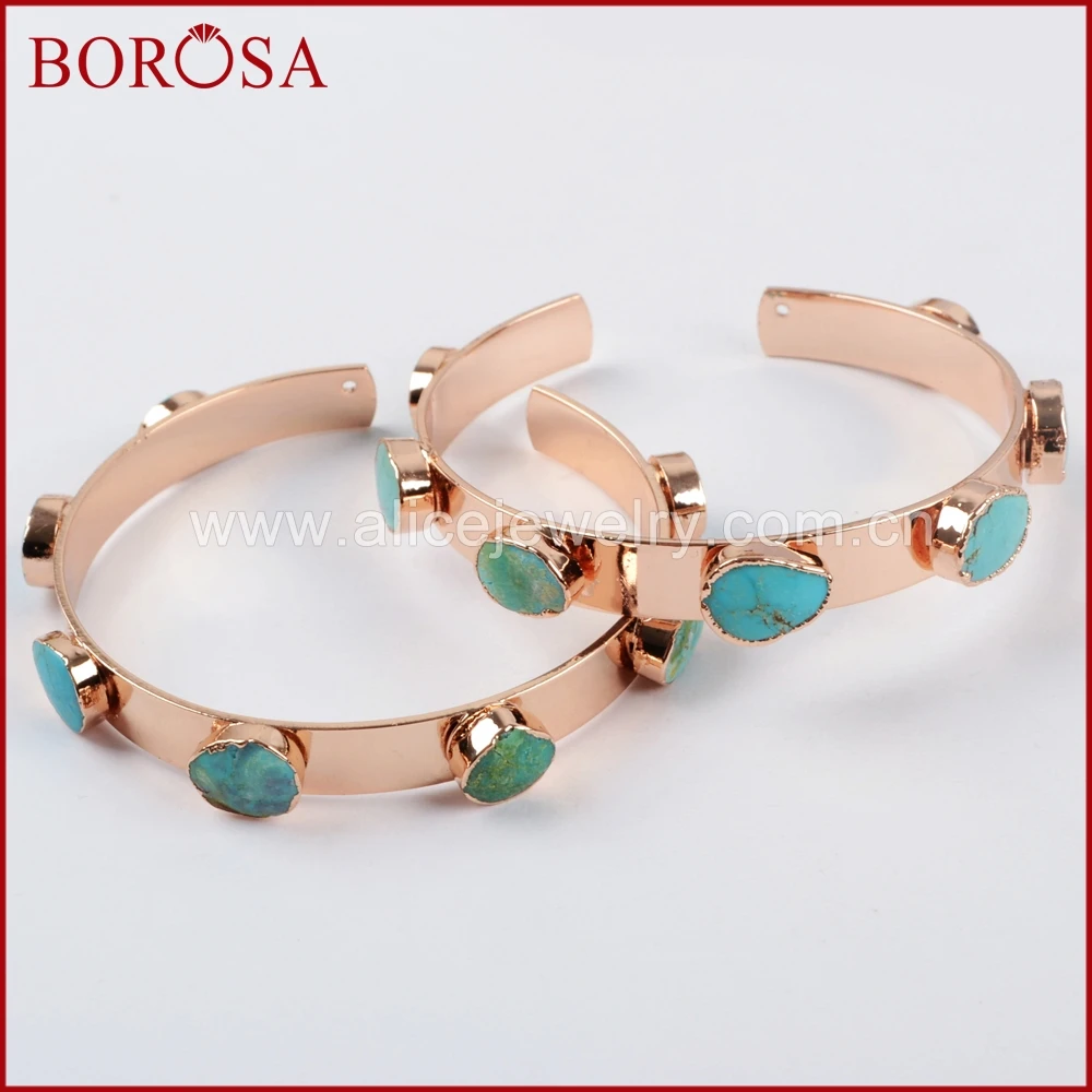 BOROSA 3/5PCS Fashion Rose Gold Color Seven Natural Turquoises Bangle Blue Stone Gems Bracelet Jewelry for Women R1341 | Украшения и