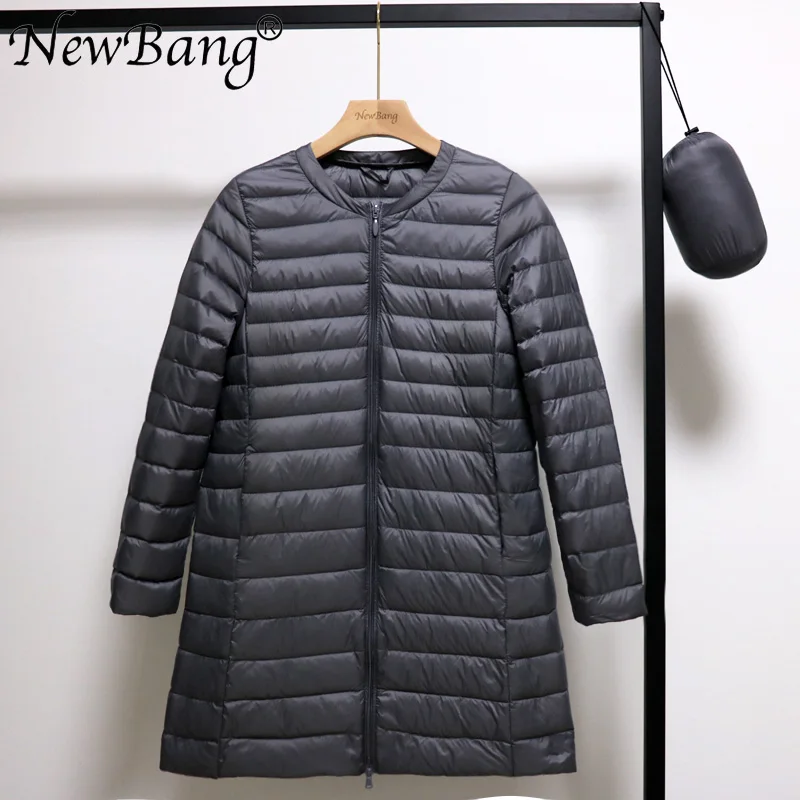 Серый NewBang 4XL женский ультра легкий пуховик средней длины с круглым вырезом, переносные весенние пальто, зимняя внутренняя одежда на молнии - Цвет: Серый