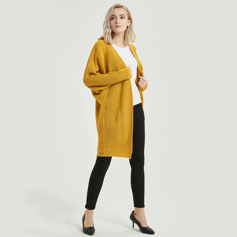 GOPLUS 2019 Autumn Winter Batwing Sleeve Knitted Sweater Cardigans Coat Women Long V-Neck Sweaters Office Ladies Yellow Outwear |