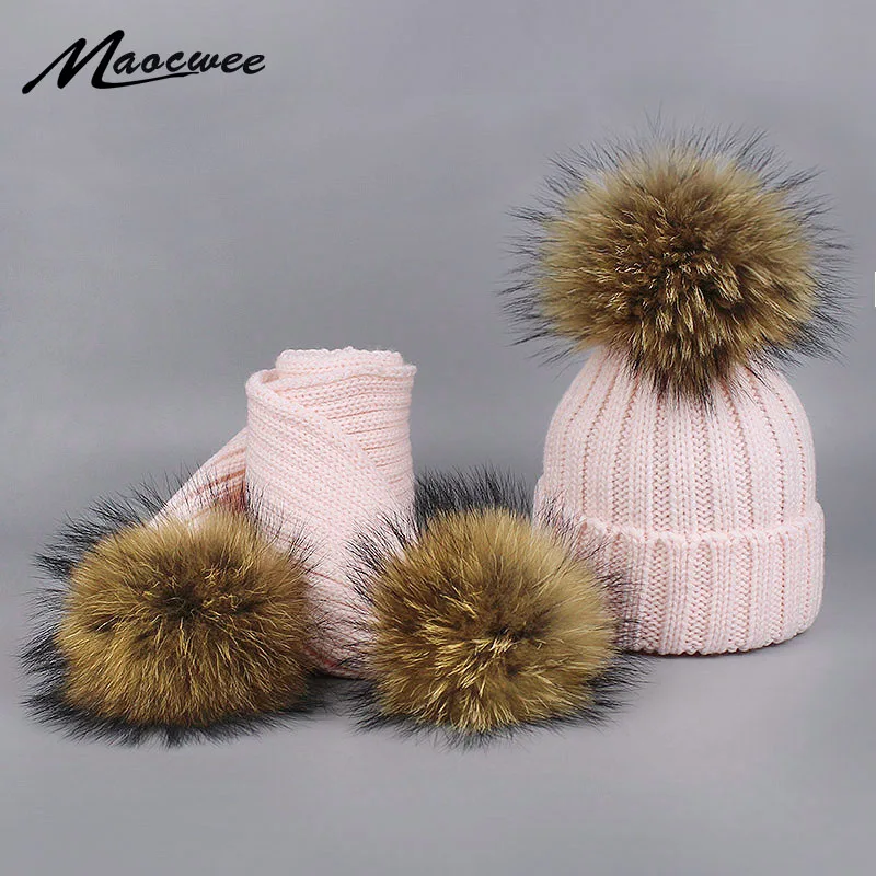 

Boy Girl Pom Pom Beanie Warm Knitted Bobble Fur Pompom Hat and Scarf Set Children Real Raccoon Fur Pompon Winter Hat Skullies