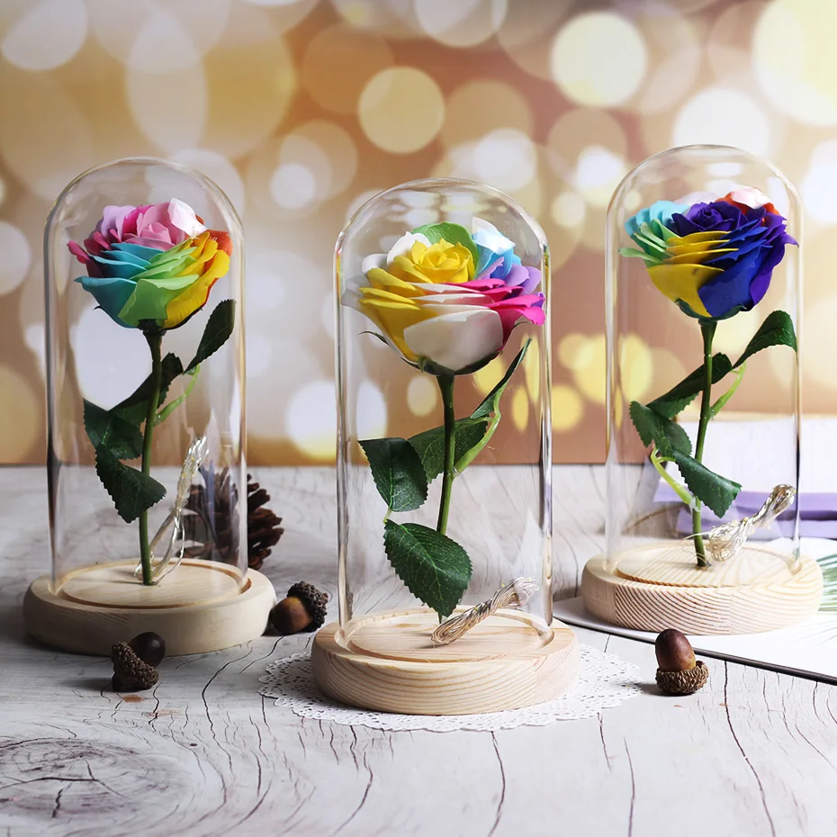 Neue schenheit Und Biest Rose In Glaskolben Rose Blume Licht деревянная основа Glas Dome Für Mutter Der Tag Valentines Weihnachten