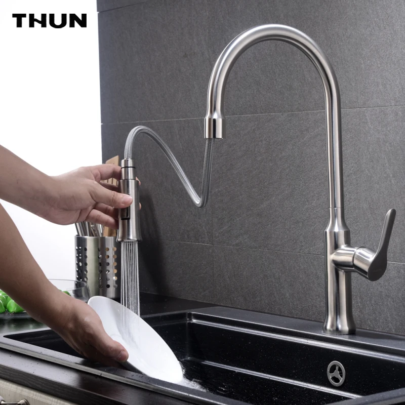 THUN Pull Down Stainless Steel Kitchen Faucet Black White Finish Dual Sprayer Nozzle Hot Cold Water Sink Mixer Torneira Cozinha |
