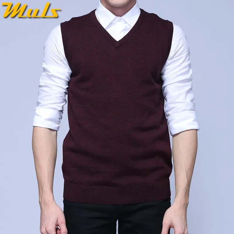 Wine Red-9501 Мужской свитер, жилет, бренд MuLS, зимний цветной шерстяной вязаный свитер без рукавов, мужской хлопковый джемпер, осень-весна, размер M-3XL - Цвет: Wine Red-9501