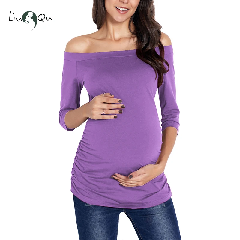 Womens Pregnancy Off Shoulder 3 Quarter Blouse Striped Top Maternity Clothes Slash Neck Pregnancy Womens Clothing ropa mujer