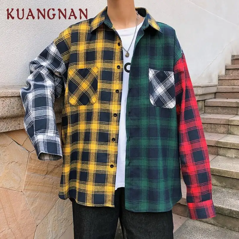 Yellow KUANGNAN Лоскутная красная клетчатая рубашка Мужская Уличная мужские рубашки с длинным рукавом хлопок мужские Рубашки повседневные облегающие XXXL ВЕСНА Новинка - Цвет: Yellow