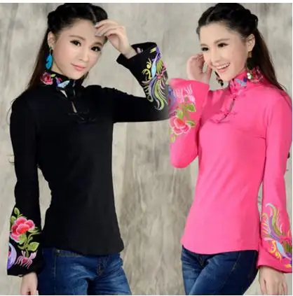 Женская футболка в китайском стиле с воротником стойкой и вышивкой|womens shirt tops|printed