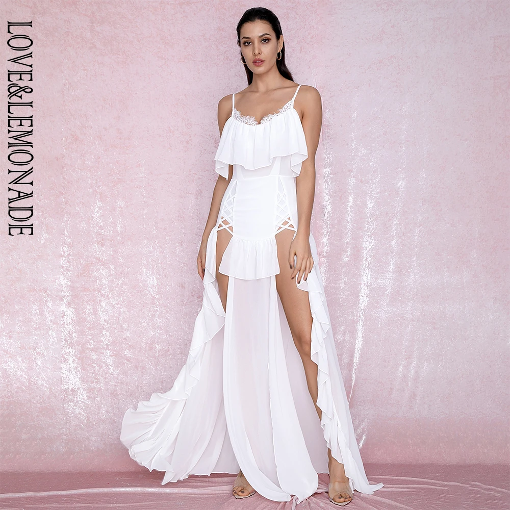 Женское пляжное платье Love&ampLemonade длинное белое кружевное шифоновое с разрезом