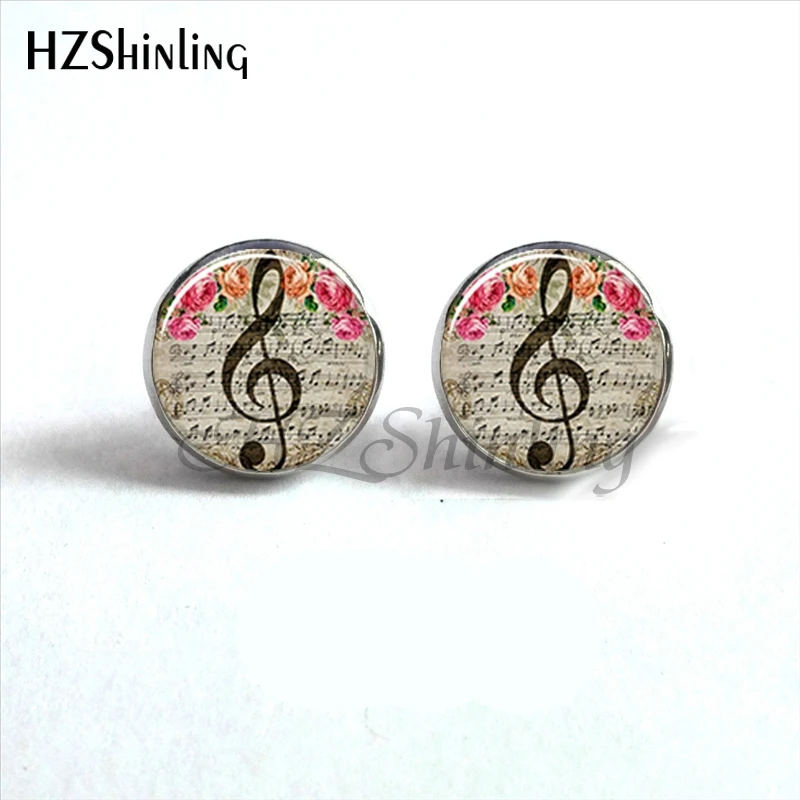 Женские серьги гвоздики в виде скрипичного ключа|music note stud earrings|stud earringsglass dome earrings